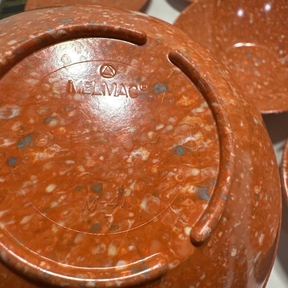 Melmac M-404 6" Plate And M-411-8 5" Bowl Orange Speckle 6 Plates And 5 Bowls - Picture 3 of 6
